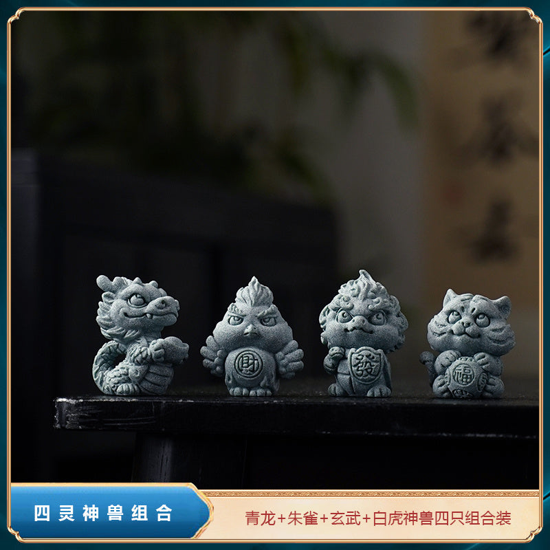 Creative four mythical beasts tea pets green sandstone dragon turtle tea pet ornaments tea tray decorative ornaments can be raised tea art tea play