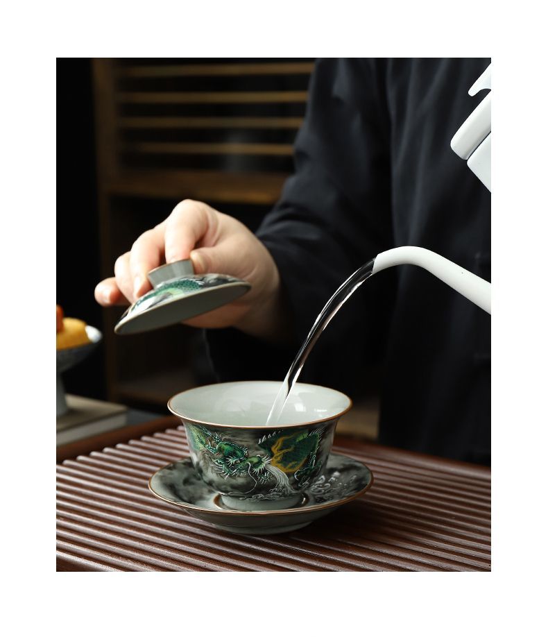 Three-piece porcelain set Ru kiln ink-colored auspicious cloud lidded bowl with cracks, can be used to raise a tea cup, anti-scalding Kung Fu tea set, tea brewing cup