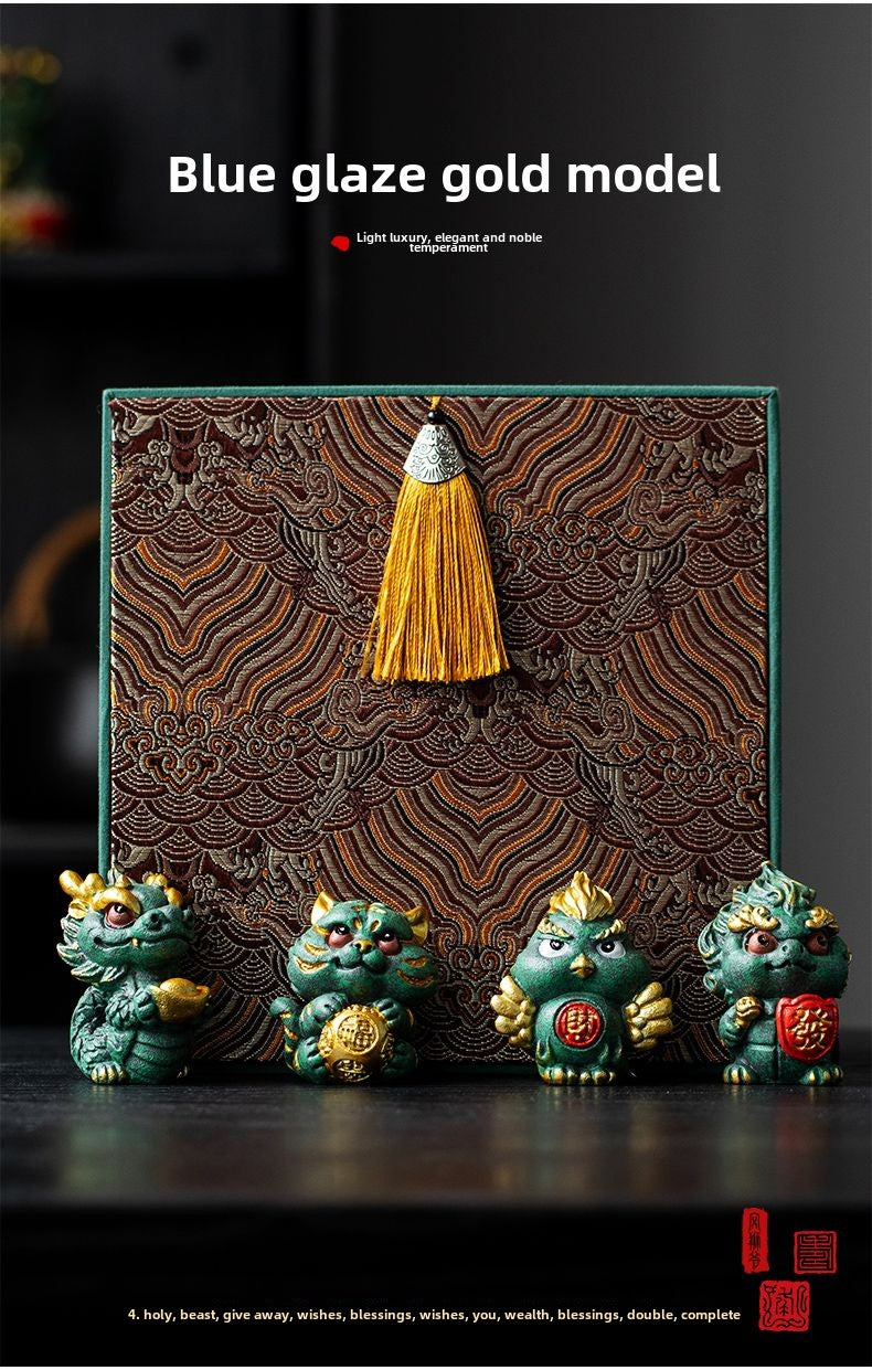 New Chinese style cute healing system fortune-attracting four beasts mascots blue sandstone tea pet ornaments Qinglong desktop decoration