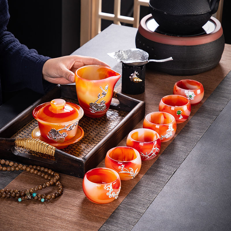 High-grade red agate jade porcelain Kung Fu tea set luxury natural glass lidded bowl tea cup office home gift