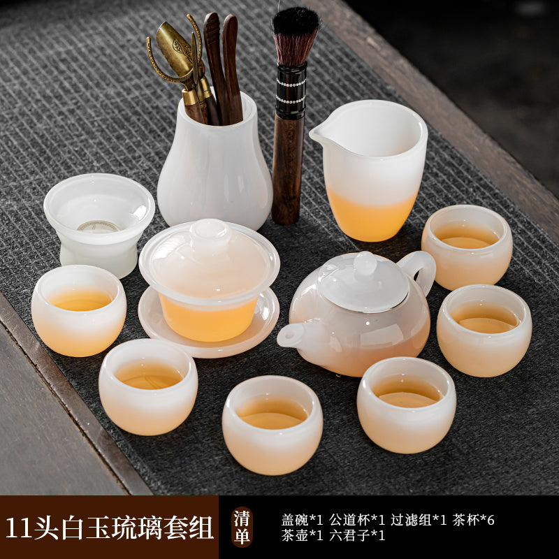 Mutton Fat Jade Porcelain Glass Kung Fu Tea Set 2025 New Light Luxury High-end Home Boutique High-end Tea Cup Set