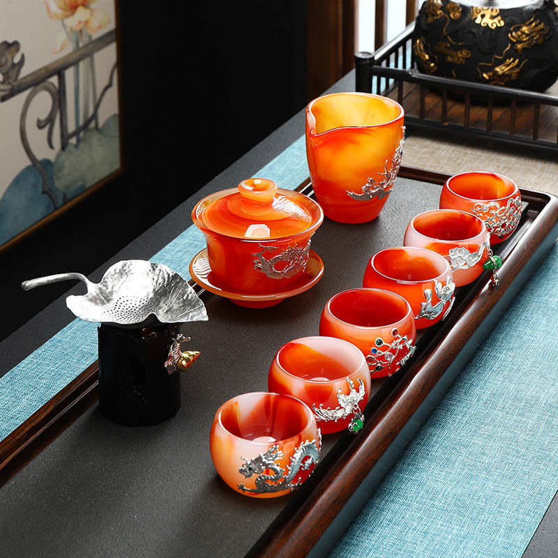 Qimeiyoupin gilded glazed bowl Kung Fu tea set office home agate jade tea cup gift box