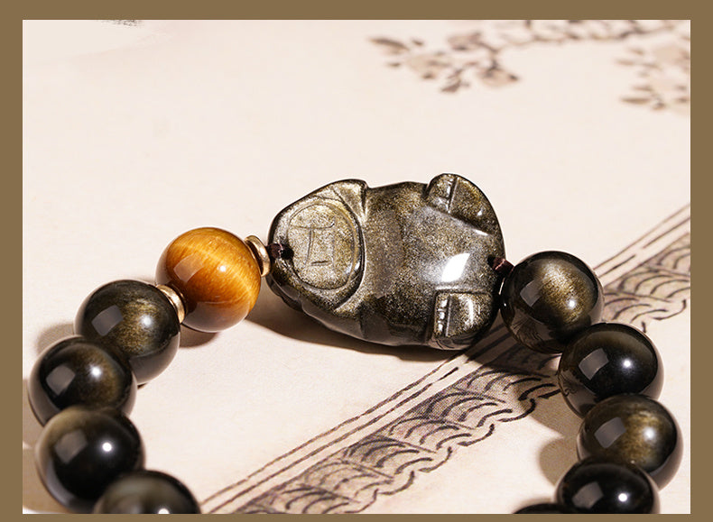 Gold Obsidian Dragon Turtle Bracelet Men's Obsidian Zodiac Buddha Beads Bracelet Transfer National Style Beaded Hand Jewelry Can Be Played