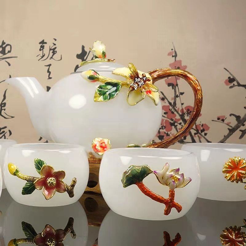 Xinjiang white jade flower blossoms with wealth and integrity, gold inlaid jade high-end home gift tea set Kung Fu jade cup!