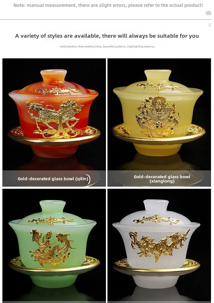 High-grade gold inlaid jade dragon and phoenix large covered bowl tea cup glazed jade tea bowl with lid tea set ancient kung fu tea bowl