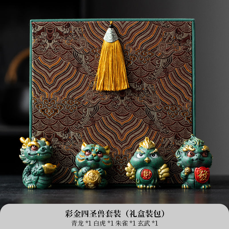 New Chinese style cute healing system fortune-attracting four beasts mascots blue sandstone tea pet ornaments Qinglong desktop decoration