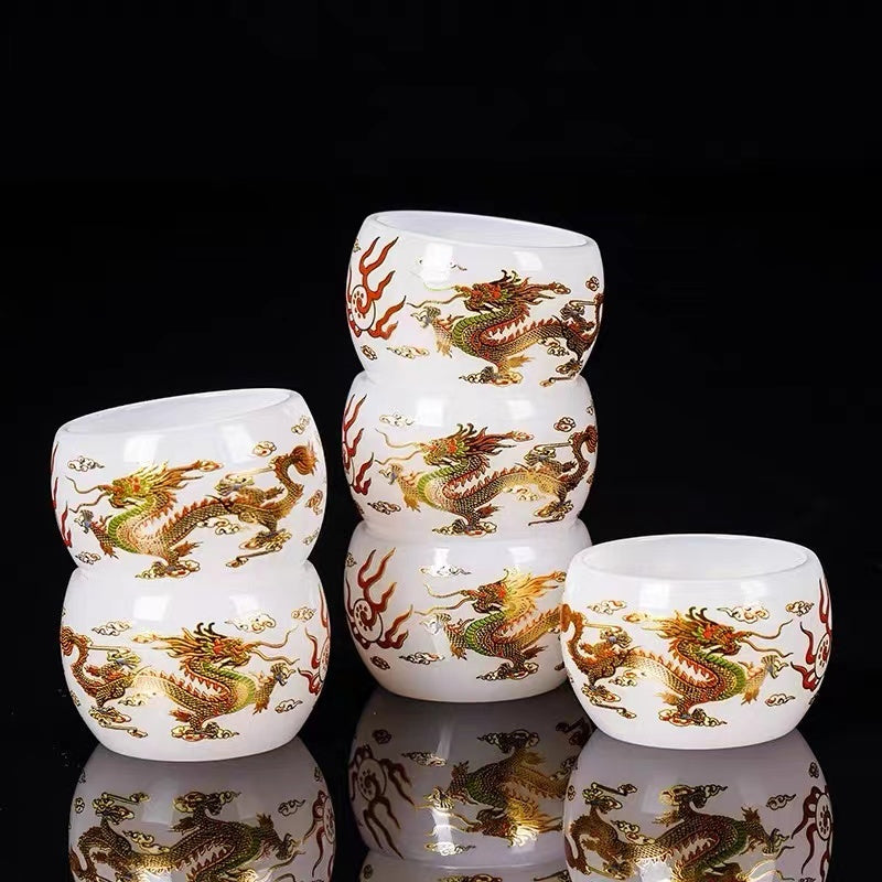 New hand-made silver-inlaid glazed jade white dragon and phoenix host tea cup single creative tea cup jade porcelain tea cup