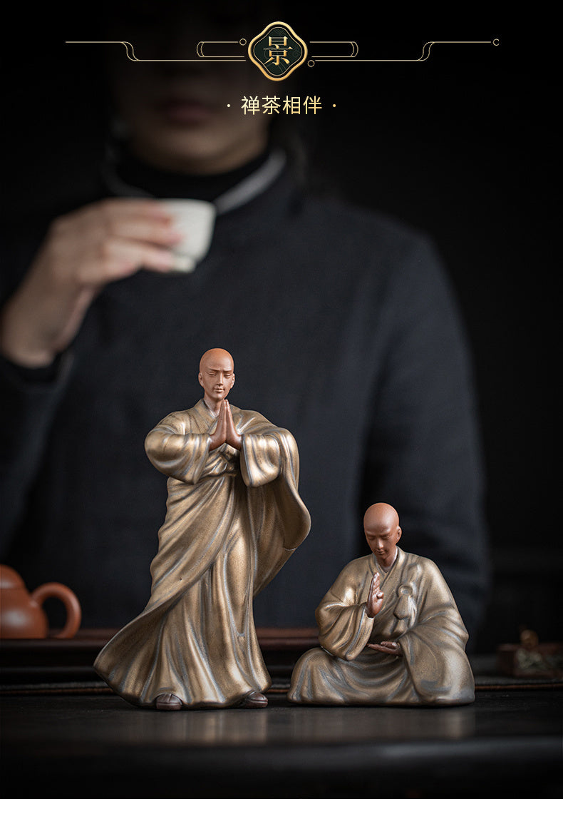 [Retro and old design] Chinese style purple sand little monk tea pet ornaments Zen ceramic figures tea room tea table decoration tea ceremony space furnishings