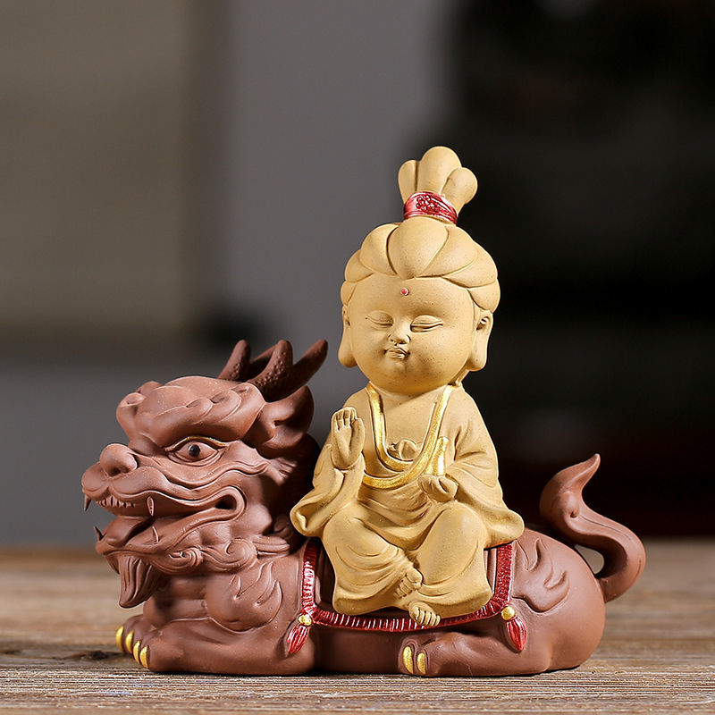 The Three Holy Ones of the West, Guanyin, Tathagata, Ksitigarbha, purple sand Buddha statues, tea pets, Chinese Zen ornaments