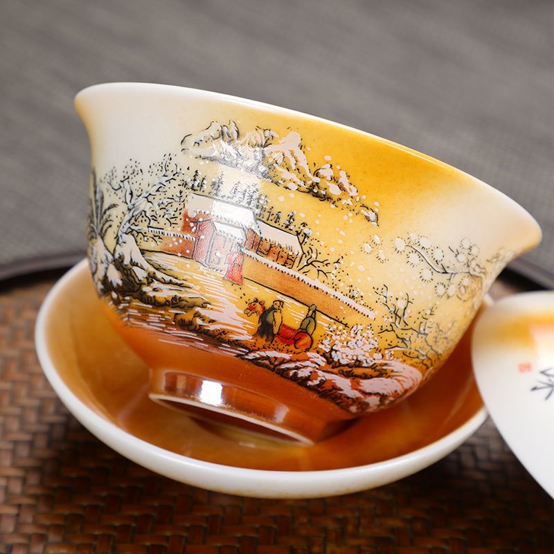 [Exquisite craftsmanship] Antique wood-fired Kung Fu tea set home office hand-painted tea cups and lids ceramic gift box high-end