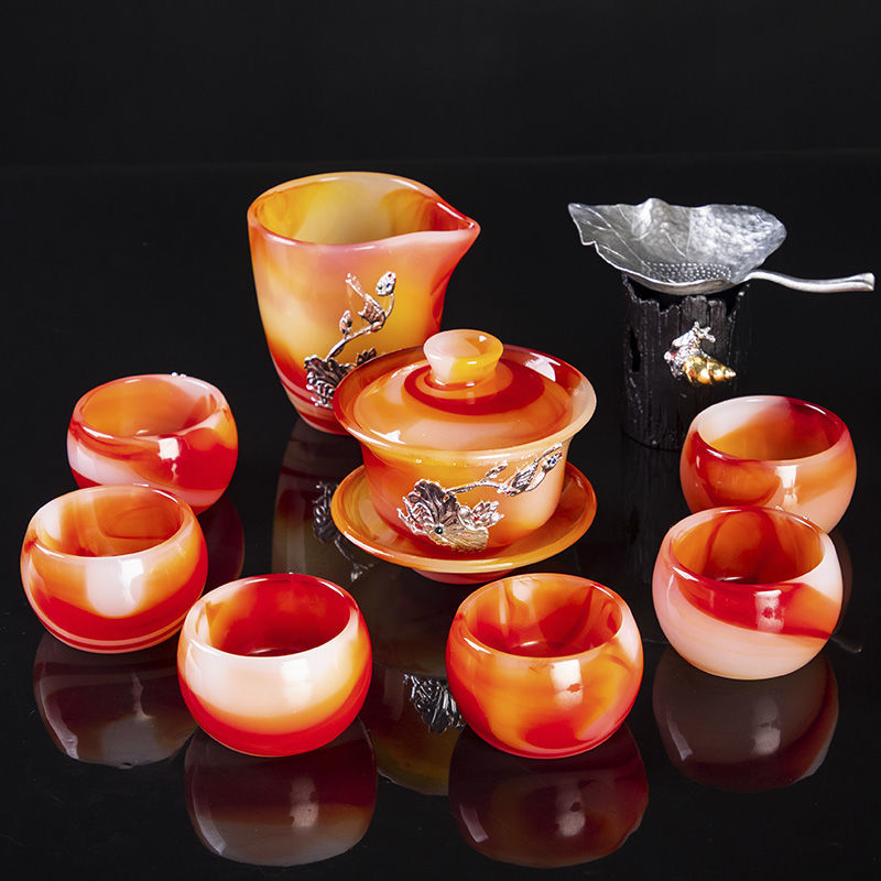 High-grade red agate jade porcelain Kung Fu tea set luxury natural glass lidded bowl tea cup office home gift