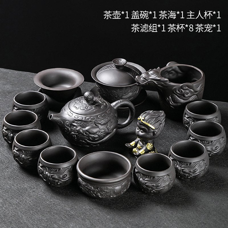 Longteng Sihai luxury purple sand tea set household tea tray office reception Kung Fu teapot covered bowl teacup