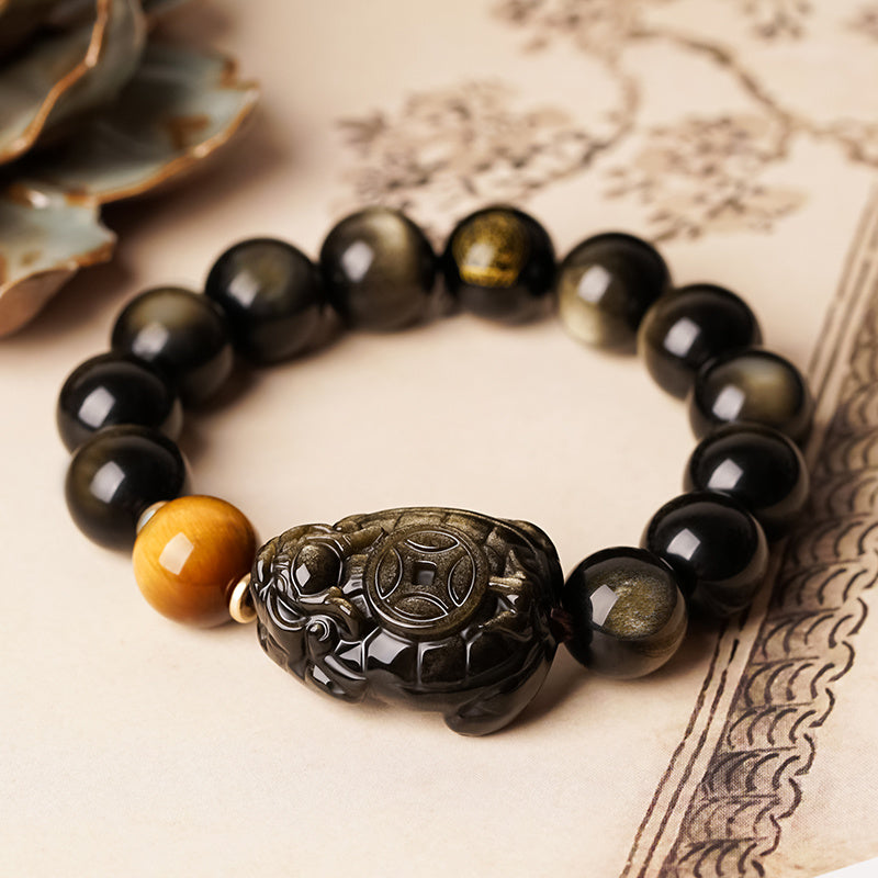 Gold Obsidian Dragon Turtle Bracelet Men's Obsidian Zodiac Buddha Beads Bracelet Transfer National Style Beaded Hand Jewelry Can Be Played