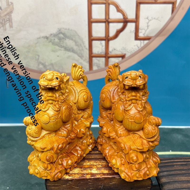 Pixiu stepping on Ruyi cliff cypress wood carving fortune-bringing Pixiu car ornaments living room decorations gifts home home desktop