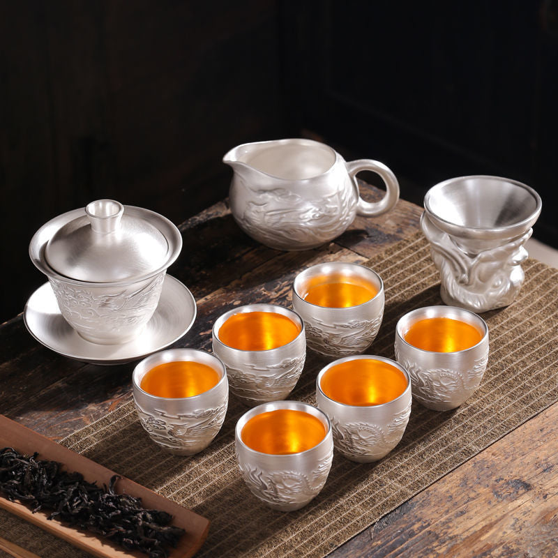 [Kaolin material] Enamel handmade ceramic silver-plated tea set 999 silver automatic tea set Kung Fu teacup tea brewing household teapot