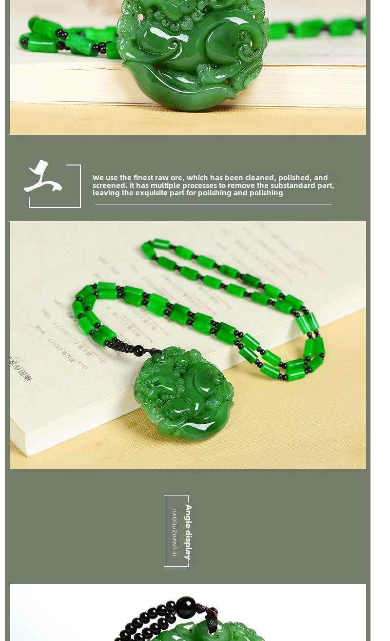 Hetian Jasper Green Jade Mongolian Jade Pendant Men's Pixiu Qilin Offering Treasure Jade Pendant Men's Fortune-Winning Necklace Lanyard Women's Pendant Sweater Chain with Lanyard