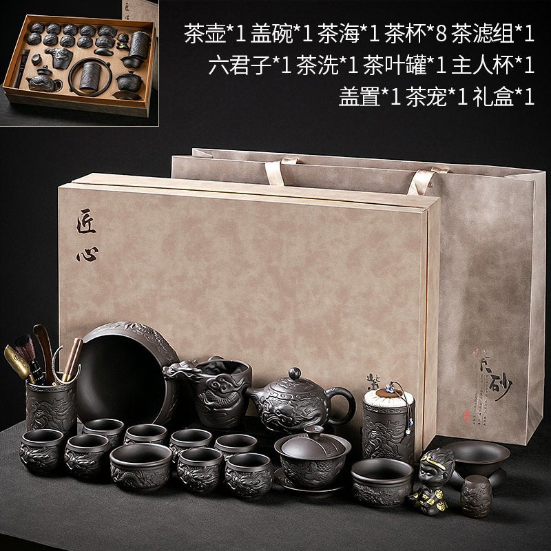 Longteng Sihai luxury purple sand tea set household tea tray office reception Kung Fu teapot covered bowl teacup