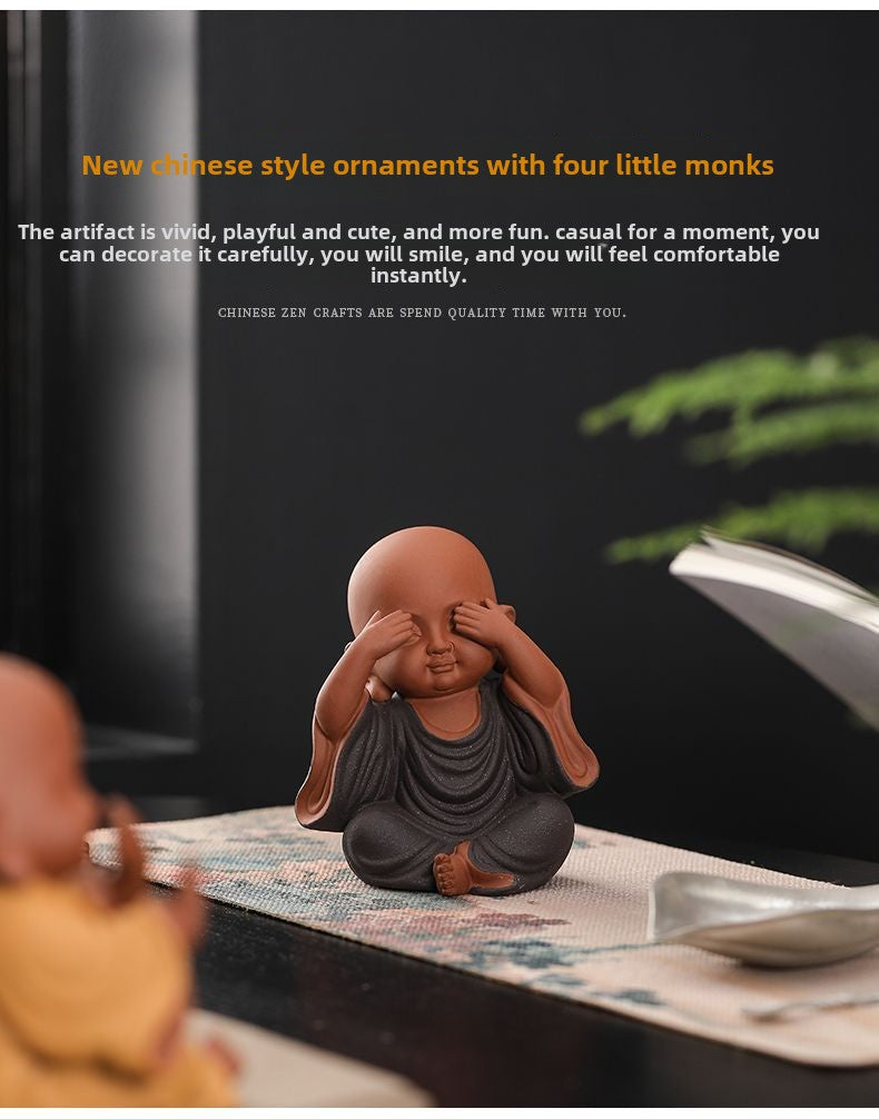 Chinese Zen Three Little Monks Cute Characters Ceramic Home Furnishings Office Desktop Zen Tea Pet Furnishings