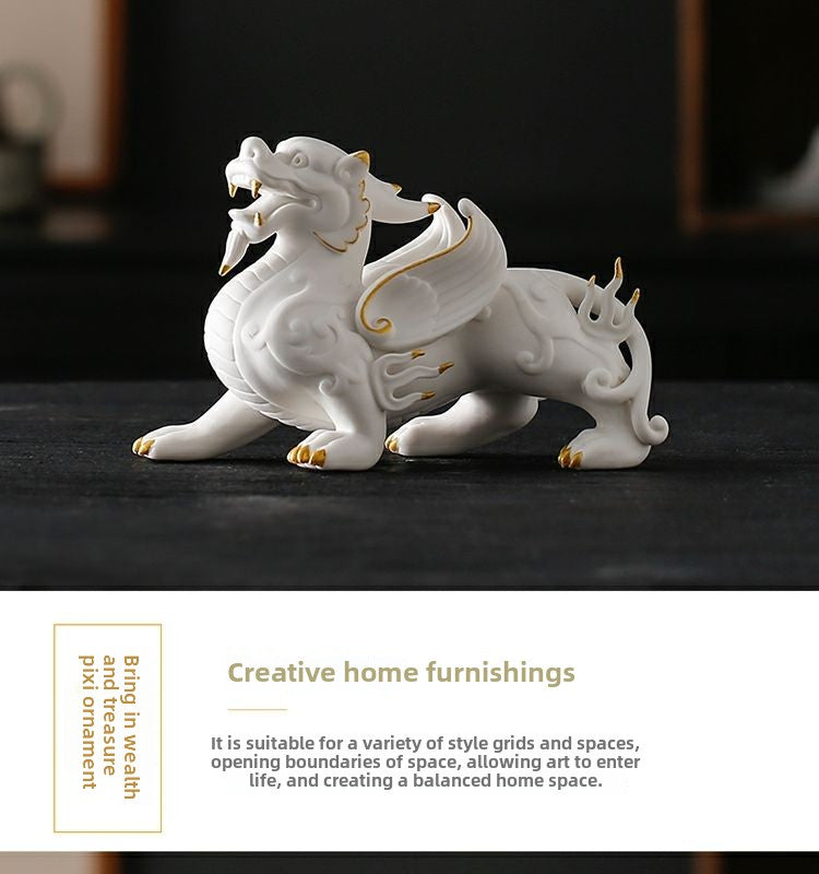 Creative auspicious beasts, lucky Pixiu, a pair of male and female white porcelain tea pets, new Chinese style living room office desktop decoration