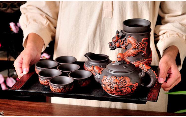 Creative Zisha Antique Tea Filter Kung Fu Automatic Tea Set Dragon Pattern Teapot Teacup Complete Set Ceramic Filter Tea Strainer