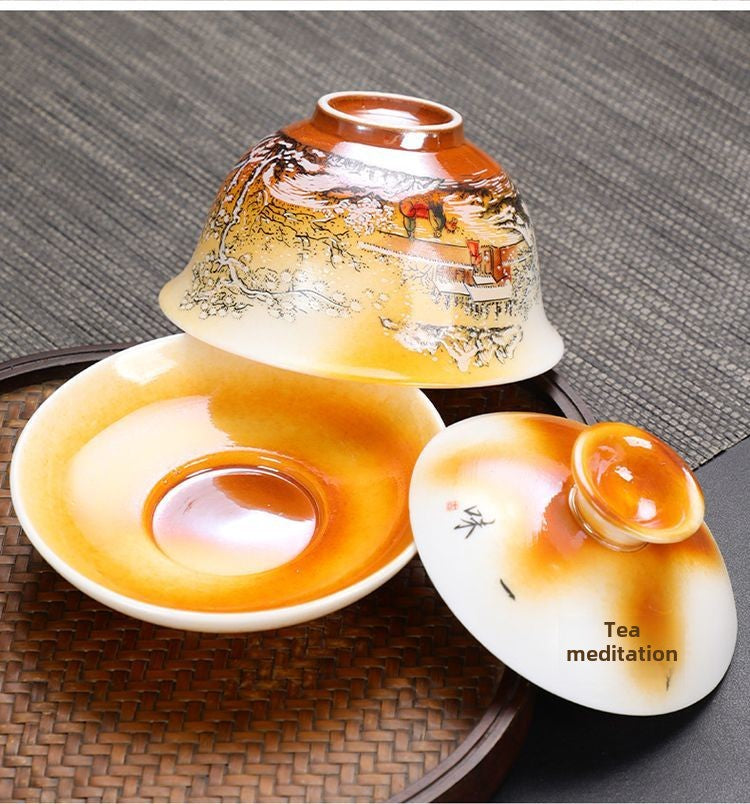 [Exquisite craftsmanship] Antique wood-fired Kung Fu tea set home office hand-painted tea cups and lids ceramic gift box high-end