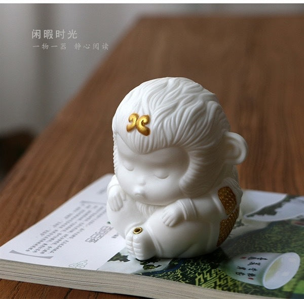 Wukong home Dehua white porcelain Zen incense holder tea table decoration tea pet hand-held pieces play study tea art Zen