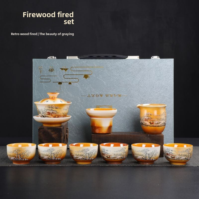 [Exquisite craftsmanship] Antique wood-fired Kung Fu tea set home office hand-painted tea cups and lids ceramic gift box high-end