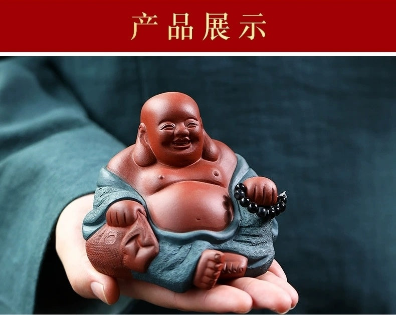 Large boutique Maitreya Buddha Yixing purple sand tea pet small Buddha ornaments handmade powder paste tea play Kung Fu tea set little monk