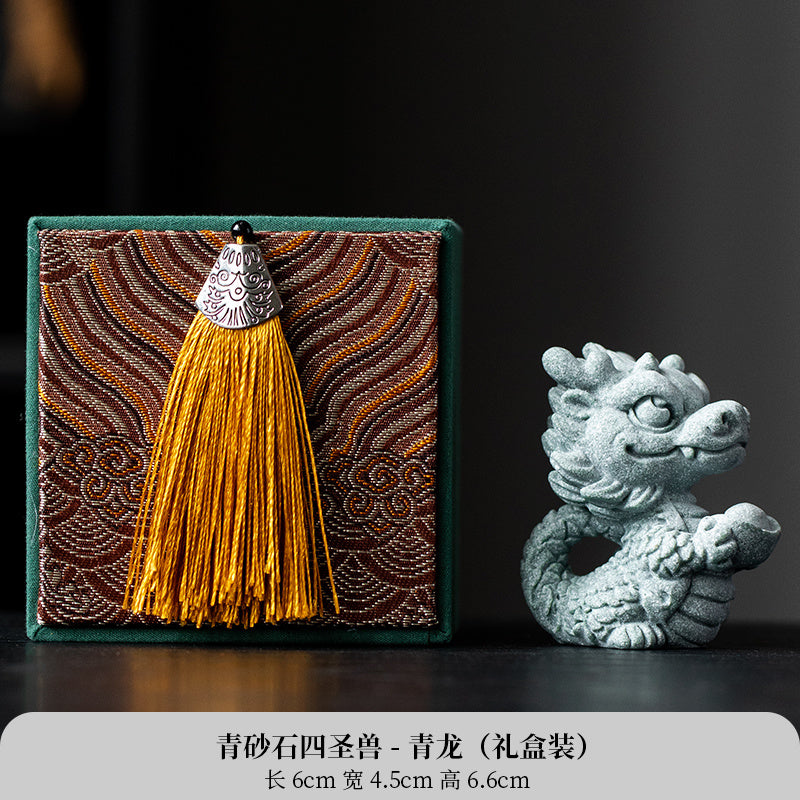 New Chinese style cute healing system fortune-attracting four beasts mascots blue sandstone tea pet ornaments Qinglong desktop decoration