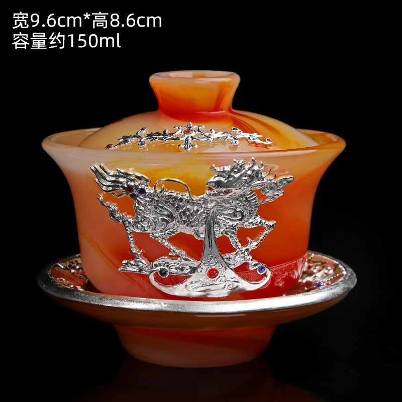 High-grade gold inlaid jade dragon and phoenix large covered bowl tea cup glazed jade tea bowl with lid tea set ancient kung fu tea bowl