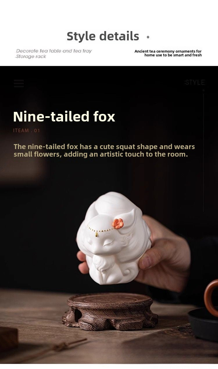 Dehua preferred cute white porcelain nine-tailed fox small ornaments tea ceremony tea table tea play tea pet ornaments desktop can be raised decoration