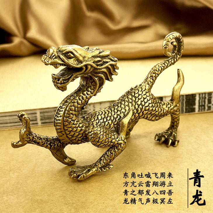 Brass ancient four mythical beasts tea pet ornaments living room retro decoration Qinglong white tiger Suzaku Xuanwu desktop copperware