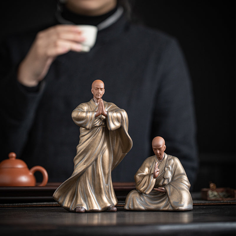 [Retro and old design] Chinese style purple sand little monk tea pet ornaments Zen ceramic figures tea room tea table decoration tea ceremony space furnishings