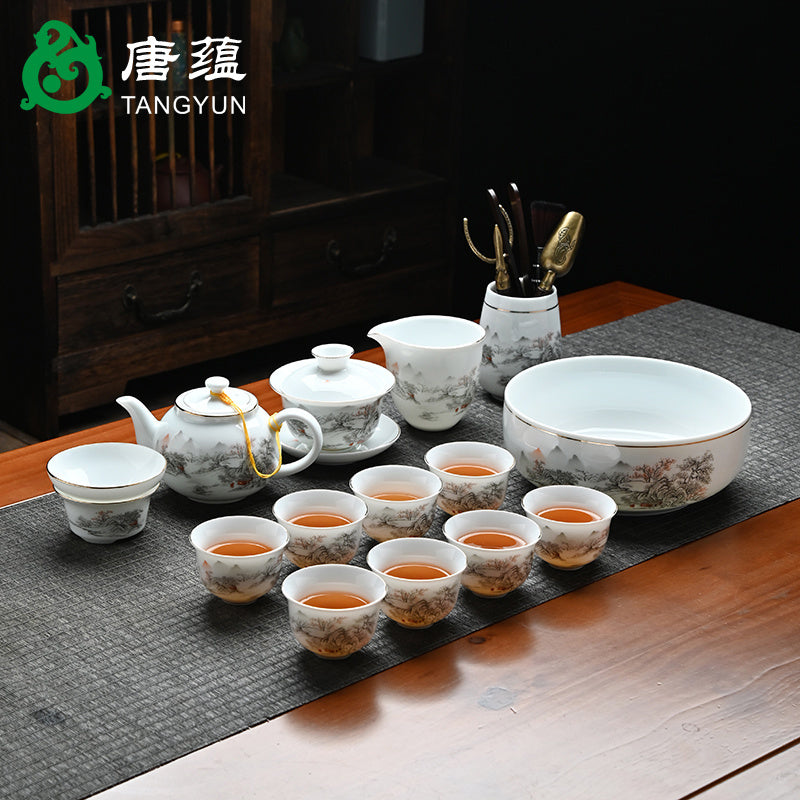 Ice-type mutton-fat jade white porcelain Kung Fu tea set home office reception ceramic covered bowl tea cup high-end gift box