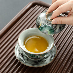 Three-piece porcelain set Ru kiln ink-colored auspicious cloud lidded bowl with cracks, can be used to raise a tea cup, anti-scalding Kung Fu tea set, tea brewing cup