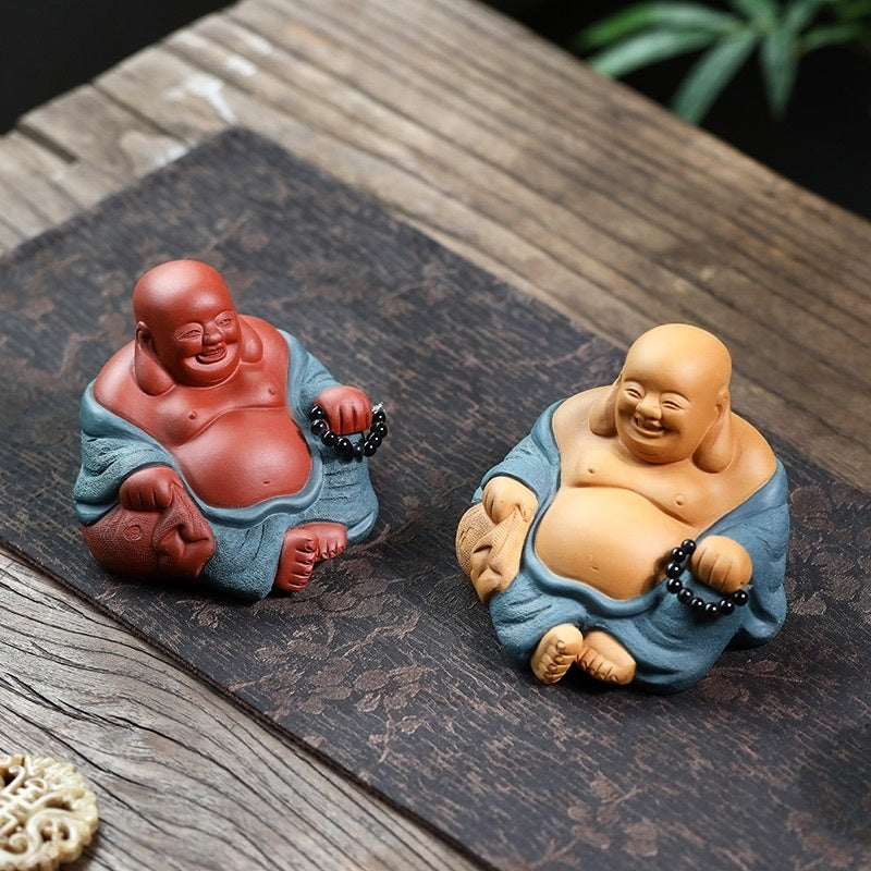 Large boutique Maitreya Buddha Yixing purple sand tea pet small Buddha ornaments handmade powder paste tea play Kung Fu tea set little monk