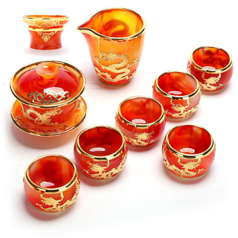 Qimeiyoupin gilded glazed bowl Kung Fu tea set office home agate jade tea cup gift box