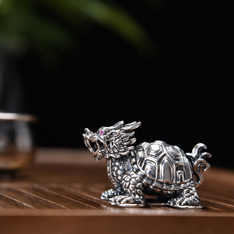 Silver Age 999 Pure Silver Dragon Turtle Tea Pet Creative Ancient Mythical Beast Lucky Xuanwu Tea Pet Personalized Tea Table Decoration