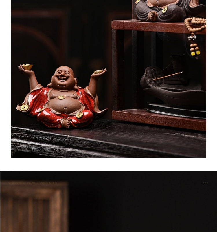 New Chinese Zen ceramic Maitreya Buddha ornaments living room porch desk Buddha statue decoration tea room desktop tea pet