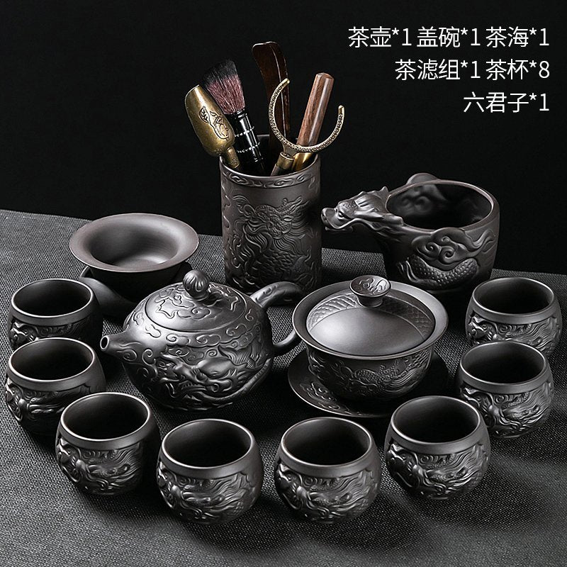 Longteng Sihai luxury purple sand tea set household tea tray office reception Kung Fu teapot covered bowl teacup