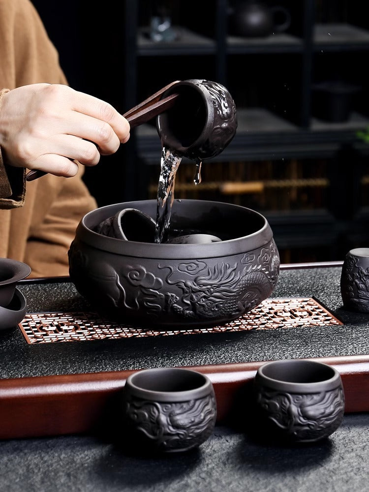 Longteng Sihai luxury purple sand tea set household tea tray office reception Kung Fu teapot covered bowl teacup