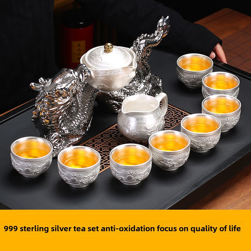 [Kaolin material] Enamel handmade ceramic silver-plated tea set 999 silver automatic tea set Kung Fu teacup tea brewing household teapot