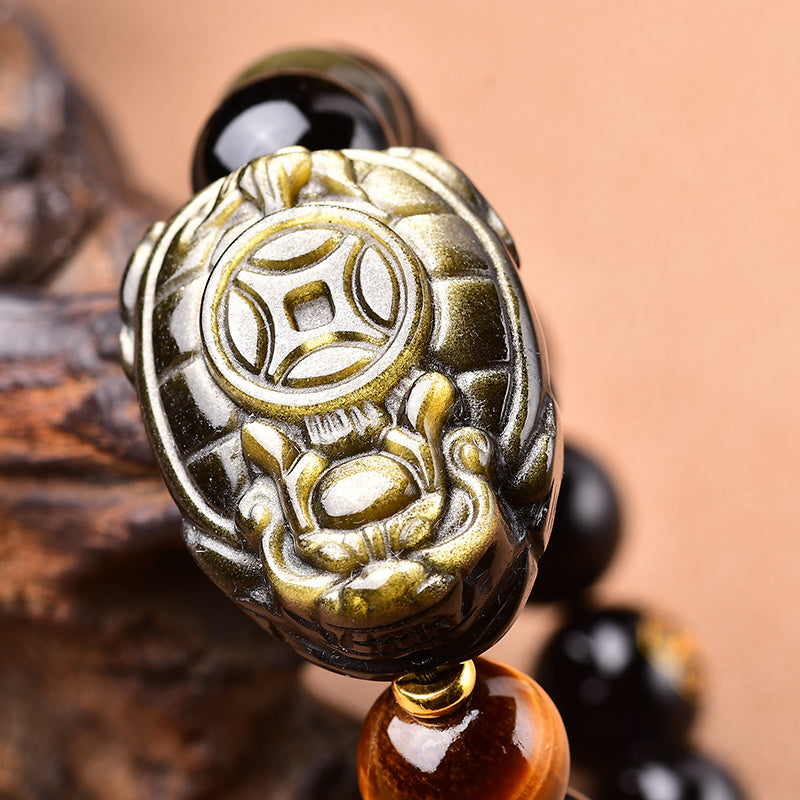 Gold Obsidian Dragon Turtle Bracelet Men's Obsidian Zodiac Buddha Beads Bracelet Transfer National Style Beaded Hand Jewelry Can Be Played