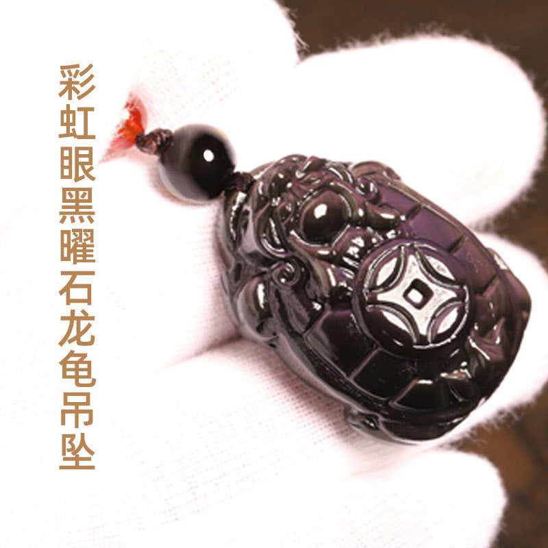 Natural ice color eye obsidian copper coin dragon turtle creative pendant male and female couple gift necklace