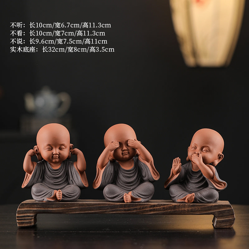 Chinese Zen Three Little Monks Cute Characters Ceramic Home Furnishings Office Desktop Zen Tea Pet Furnishings