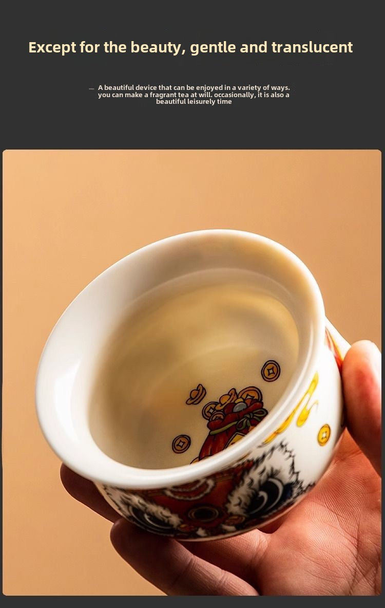 Retro new style hovering awakening lion time to turn luck Kung Fu tea set Sancai covered bowl creative ceramic tea bowl tea brewing covered bowl