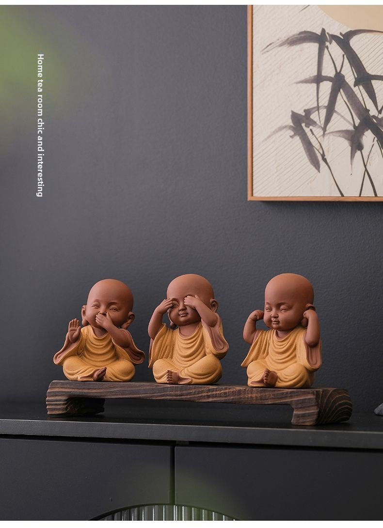 Chinese Zen Three Little Monks Cute Characters Ceramic Home Furnishings Office Desktop Zen Tea Pet Furnishings