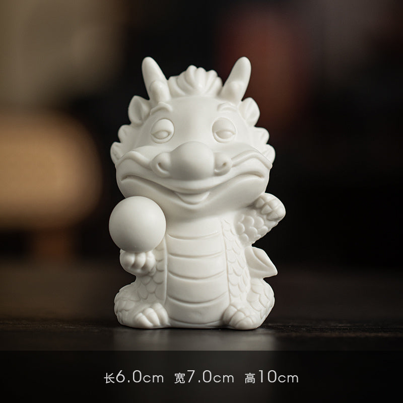 Creative white porcelain cute zodiac dragon tea pet ornaments lucky dragon tea ceremony tea play tea table decoration mascot gift