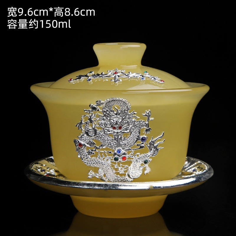 High-grade gold inlaid jade dragon and phoenix large covered bowl tea cup glazed jade tea bowl with lid tea set ancient kung fu tea bowl