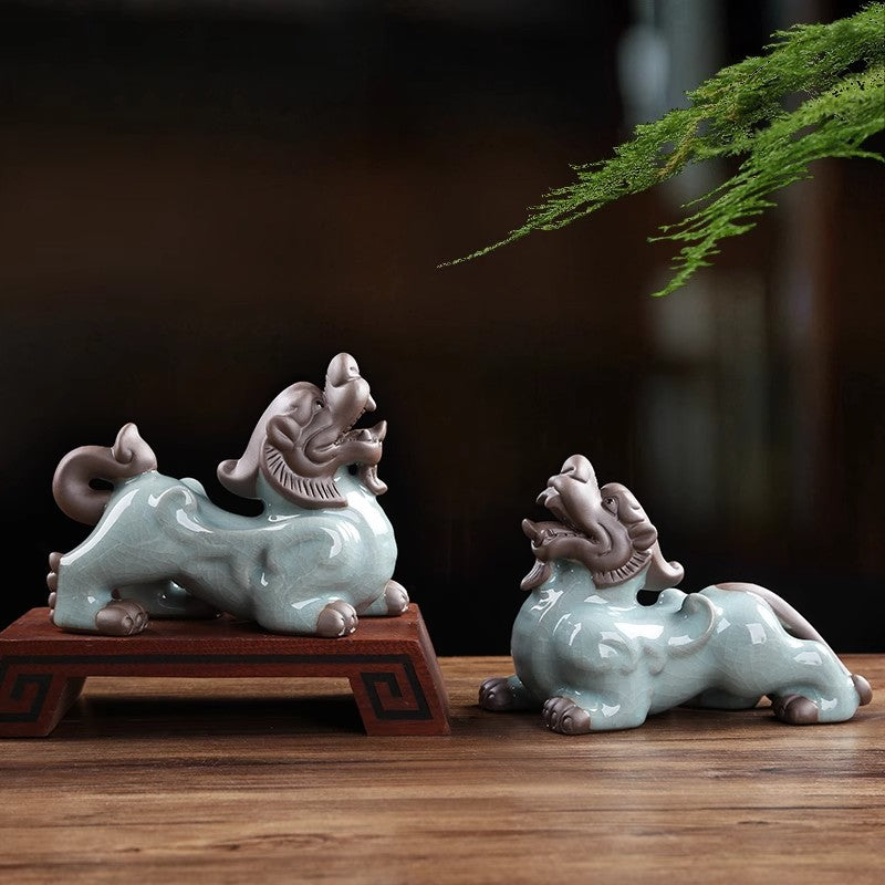 Ceramic Fortune Pixiu Ornaments Pair Home Living Room Office Desktop Decoration Auspicious Beast Kirin Tea Pet Can Be Raised